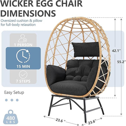 SWITTE Wicker Egg Chair Outdoor, Oversized Patio Lounge Chairs with Cushion for Indoor Living Room, Bedroom, Outside Backyard Balcony-Black
