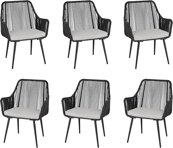 Patio Dining Chairs, Outdoor Dining Chairs with Armrest and Cushion Set of 6, Woven Twisted Wicker Rattan Chair, Modern Indoor Outdoor Seating for Garden, Lawn, Backyard, Black
