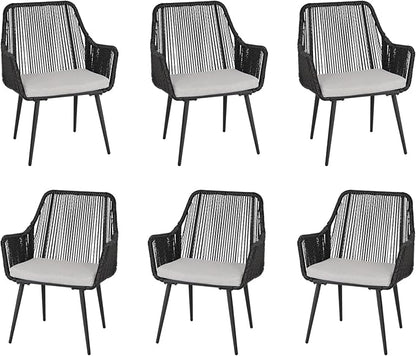 Patio Dining Chairs, Outdoor Dining Chairs with Armrest and Cushion Set of 6, Woven Twisted Wicker Rattan Chair, Modern Indoor Outdoor Seating for Garden, Lawn, Backyard, Black