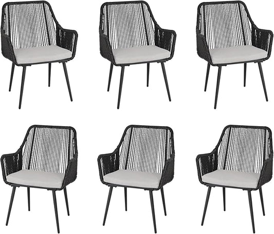 Patio Dining Chairs, Outdoor Dining Chairs with Armrest and Cushion Set of 6, Woven Twisted Wicker Rattan Chair, Modern Indoor Outdoor Seating for Garden, Lawn, Backyard, Black