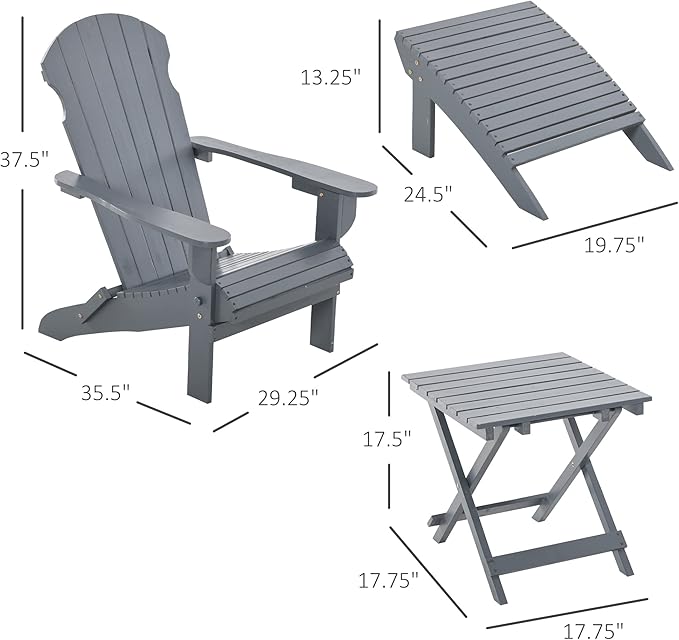 Outsunny 3-Piece Folding Adirondack Chair with Ottoman and Side Table, Outdoor Wooden Fire Pit Chairs w/High-Back, Wide Armrests for Patio, Backyard, Garden, Lawn Furniture, Gray