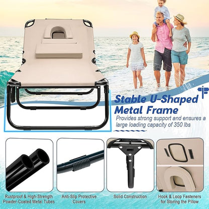 HAPPYGRILL 2PCS Foldable Chaise Lounge Chair with Face Hole & Detachable Pillows, Portable Sunbathing Tanning Chair with 5 Adjustable Positions, Outdoor & Indoor Beach Recliner for Camping Patio