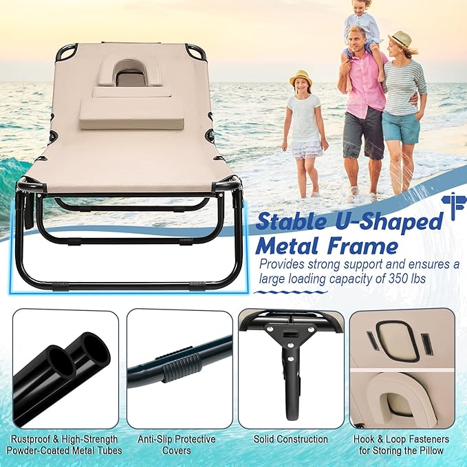 HAPPYGRILL Foldable Chaise Lounge Chair with Face Hole & Detachable Pillows, Portable Sunbathing Tanning Chair with 5 Adjustable Positions, Outdoor & Indoor Beach Recliner for Beach Camping Patio