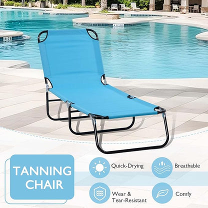 3-in-1 Heavy Duty Tanning Chair with Face Hole Adjustable 5-Position Folding Chaise Lounge Chairs Portable Lay Flat Beach Lounge Chair for Outdoor Sunbathing Patio Pool Lawn Camping Deck (Blue 3)