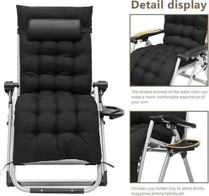 Zero Gravity Chair, Portable Folding Reclining Lounge Chairs with Adjustable Cushion and Cup Holder Trays for Outdoor, Patio, Beach, Camping, Garden, Poolside, Black