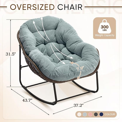 Large Indoor Rocking Chair Set of 2, Oversized Rocking Papasan Chair with Thick Cushion and Frame,Comfy Corduroy Rocker Wicker Egg Chairs Lounge Reading Chair for Living Room, Bedroom, Apartment,Green
