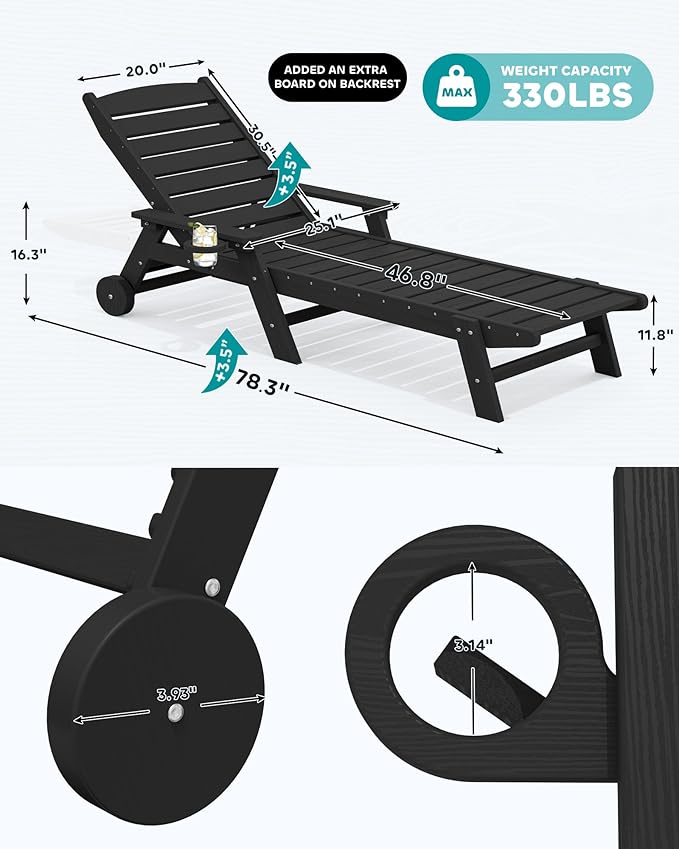 SERWALL Patio Chaise Lounge Chair, 78'' Long HDPE 5 Positions Adjustable Outdoor Lounger - Photo 3