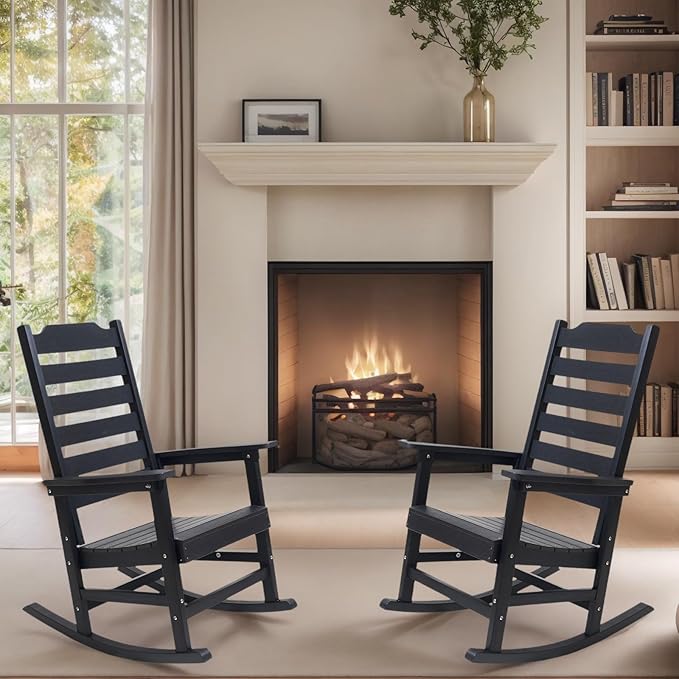 Rocking Chair Set of 2,All Weather Courtyard for Outside Balcony Gardens，High Back Outdoor Rocking Chair with 360lbs，Black