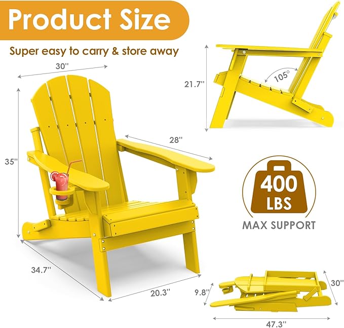 IVY&LANE Folding-Adirondack-Chairs-Set-of-4 | HDPE Plastic | Outdoor Fire Pit Chair with Cup Holder | Yellow | Poly | Weather Resistant | for Patio Deck Poolside Garden Beach