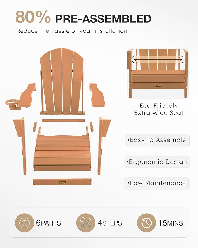 Folding Adirondack Chair, Patio Chair Wood Texture, Outdoor Chair Weather Resistant, Fire Pit Chair with Cup Holder, Composite Adirondack Chair Set of 4(Teak)