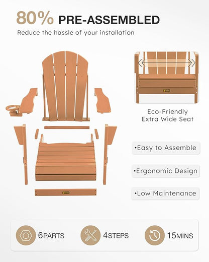 Folding Adirondack Chair, Patio Chair Wood Texture, Outdoor Chair Weather Resistant, Fire Pit Chair with Cup Holder, Composite Adirondack Chair Set of 4(Teak)