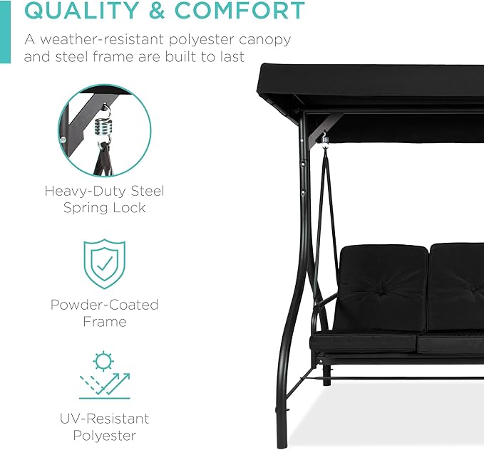 Best Choice Products 3-Seat Outdoor Large Converting Canopy Swing Glider, Patio Hammock Lounge Chair for Porch, Backyard w/Flatbed, Adjustable Shade, Removable Cushions - Black