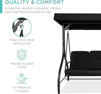 Best Choice Products 3-Seat Outdoor Large Converting Canopy Swing Glider, Patio Hammock Lounge Chair for Porch, Backyard w/Flatbed, Adjustable Shade, Removable Cushions - Black