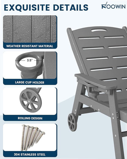 FOOWIN Chaise Lounge Chair，HDPE Lounge Chair Outdoor with 5 Positions,Oversized Pool Lounge Chairs with Rolling Wheels & Cup Holder for Poolside Deck Backyard,Grey