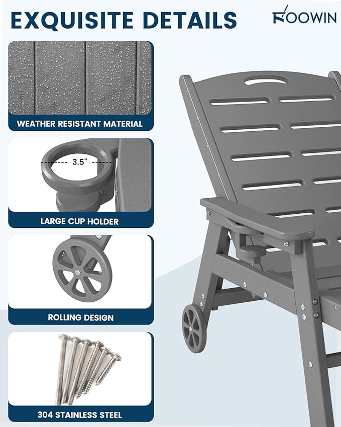 FOOWIN Chaise Lounge Chair Set of 2，HDPE Lounge Chair Outdoor with 5 Positions,Oversized Pool Lounge Chairs with Rolling Wheels & Cup Holder for Poolside Deck Backyard,Grey
