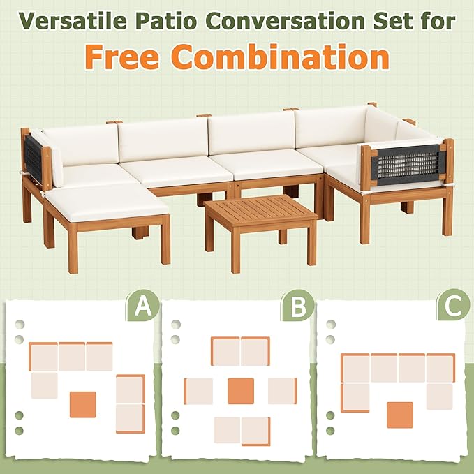 Devoko 7 Piece Acacia Wood Patio Sofa, Outdoor Sectional Coach and Love Seat with Coffee Table - Photo 6