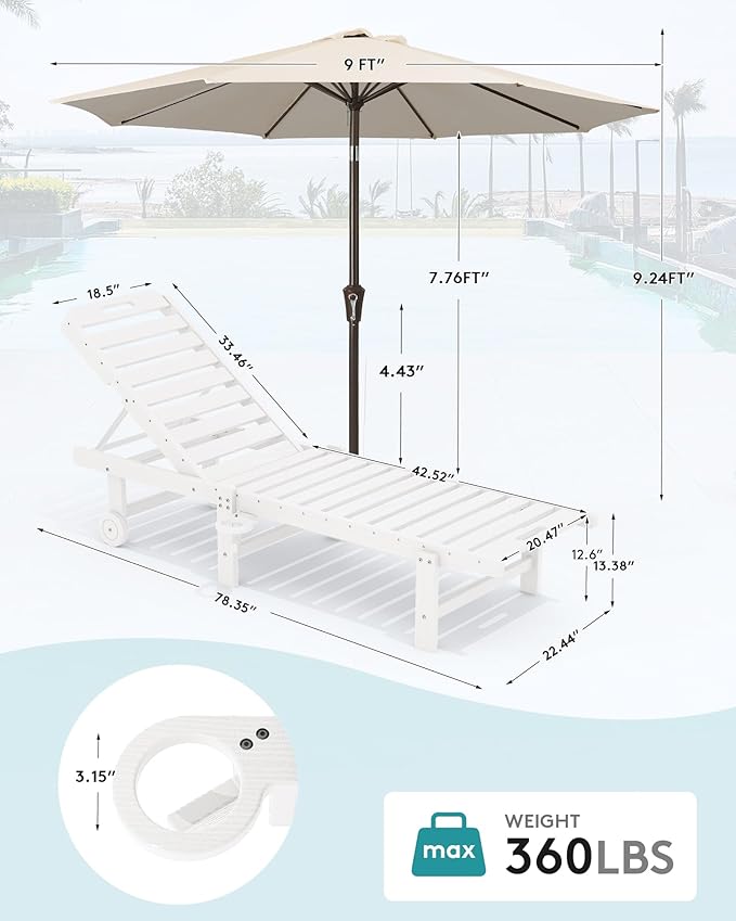 SERWALL Outdoor Chaise Lounge Set of 2 with 9FT Patio Umbrella - Photo 2