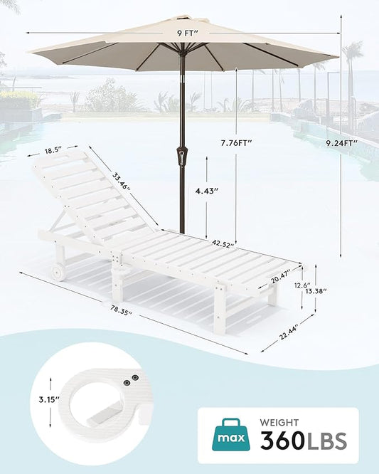 SERWALL Outdoor Chaise Lounge Set of 2 with 9FT Patio Umbrella, HDPE Pool Lounge Chair with 5-Position Adjustable Backrest, Patio Lounger with Rolling Wheels & Cup Holder for Pool, White