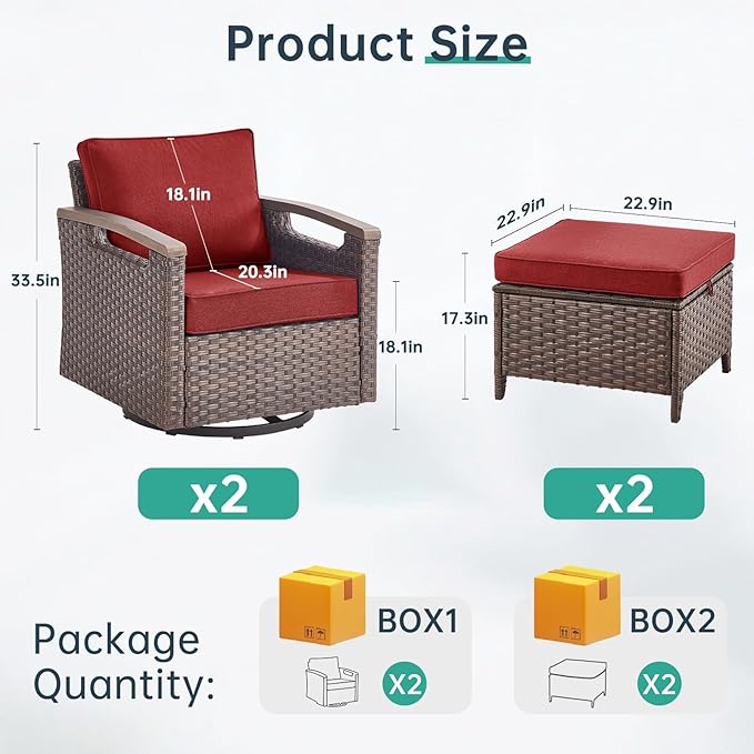 Luxury Outdoor Swivel Rocker Patio Chairs with 2 Ottomans - 4 Piece Heavy Duty Furniture Set All Weather Wicker - Photo 2
