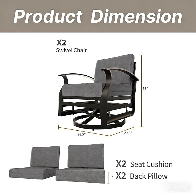 Gotland 2 Piece Patio Set, Metal Outdoor Swivel Chairs Set of 2 with 5.1’’ High-Resilience Seat Cushions 6.2’’ Back Pillow Removable Cushions for Backyard, Lawn, Porch, Grey