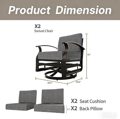 Gotland 2 Piece Patio Set, Metal Outdoor Swivel Chairs Set of 2 with 5.1’’ High-Resilience Seat Cushions 6.2’’ Back Pillow Removable Cushions for Backyard, Lawn, Porch, Grey