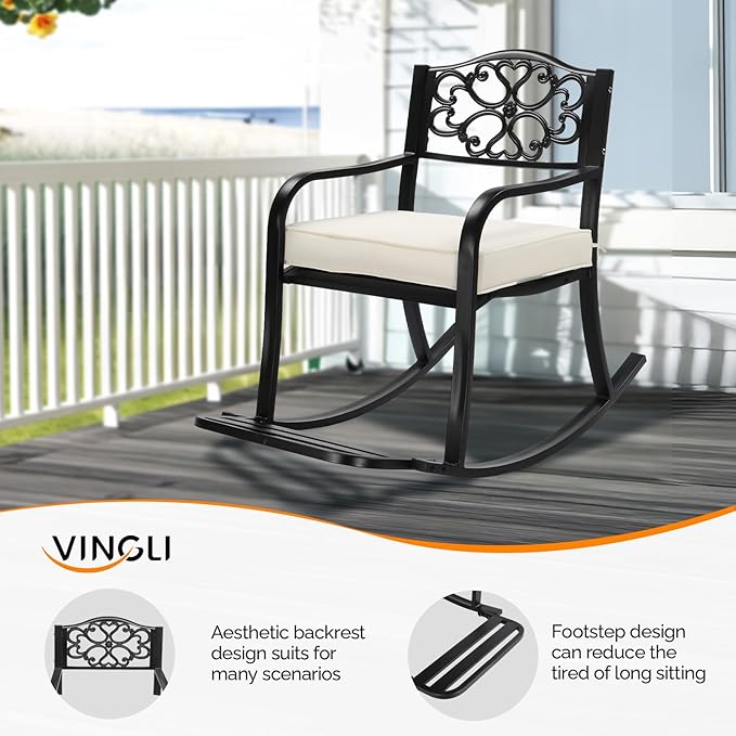 VINGLI Metal Rocking Chair, Outdoor Rocking Bench with Cushion, Patio Rocker with Footrest, Weatherproof Rocking Chair for Outside, Patio, Garden, Flower Backrest
