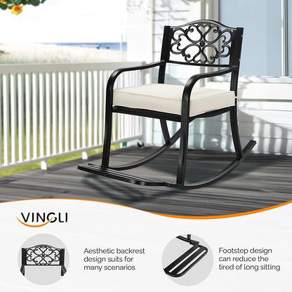 VINGLI Metal Rocking Chair, Outdoor Rocking Bench with Cushion, Patio Rocker with Footrest, Weatherproof Rocking Chair for Outside, Patio, Garden, Flower Backrest