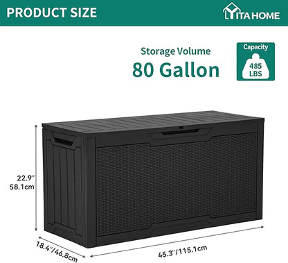 YITAHOME 80 Gallon Outdoor Storage Box, Large Water Resistant Resin Deck Box, Indoor Outdoor Lockable Rattan Storage Container for Patio, Garden, Cushions, Tools, Equipment (Black)