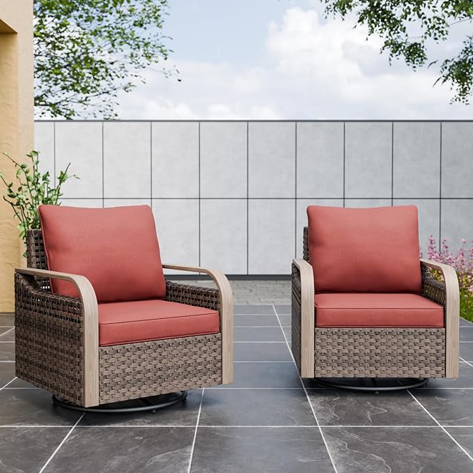 Modern Wicker Outdoor Swivel Rocking Chairs, Rattan Glider Rocker Chairs Patio Furniture for Backyard, Deck, Porch, Garden, 2 Pieces, Brown/Red
