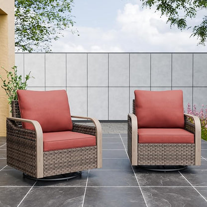 Modern Wicker Outdoor Swivel Rocking Chairs, Rattan Glider Rocker Chairs Patio Furniture for Backyard, Deck, Porch, Garden, 2 Pieces, Brown/Red