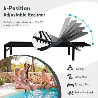 COSTWAY Lounge Chair Outdoor, Aluminum Frame Chaise Lounge with 6-Position Adjustable, Breathable Fabric, Lightweight Patio Pool Lounger for Tanning (1, Black)