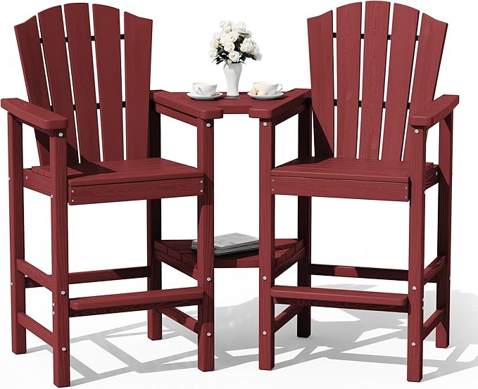 KINGYES Tall Adirondack Chair Set of 2, HDPE Tall Adirondack Barstools with Double Connecting Trays, Embossed Bar Height Adirondack Chair for 2, All Weather Balcony Adirondack Chairs for Balcony, Red