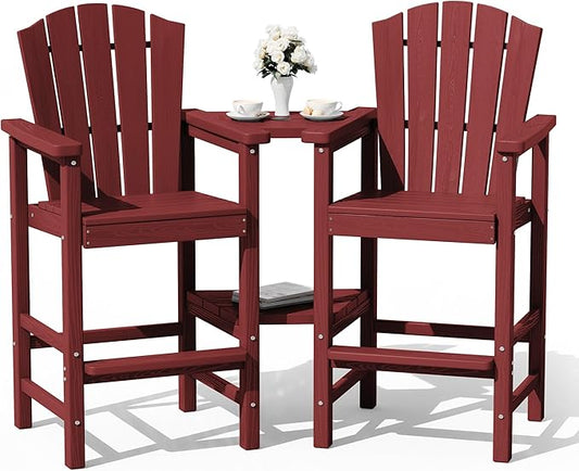 KINGYES Tall Adirondack Chair Set of 2, HDPE Tall Adirondack Barstools with Double Connecting Trays, Embossed Bar Height Adirondack Chair for 2, All Weather Balcony Adirondack Chairs for Balcony, Red