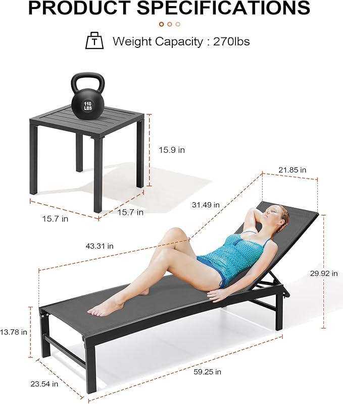 Crestlive Products 2PCS Chaise Lounge Chairs Outdoor with 1PC Side Table, Aluminum Patio Lounge Set, Adjustable Five-Position Recliner for Beach, Pool, Sunbathing, Lawn, Yard