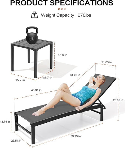 Crestlive Products 2PCS Chaise Lounge Chairs Outdoor with 1PC Side Table, Aluminum Patio Lounge Set, Adjustable Five-Position Recliner for Beach, Pool, Sunbathing, Lawn, Yard