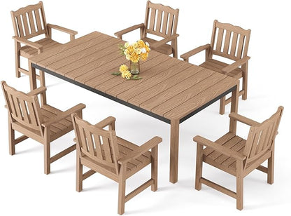 Stoog 7-Piece All-Weather Patio Dining Set, HIPS & Aluminum Outdoor Table with Umbrella Hole, 6 Waterproof Chairs, Fade & Rust Resistant, for Backyard, Garden, Deck, Teak