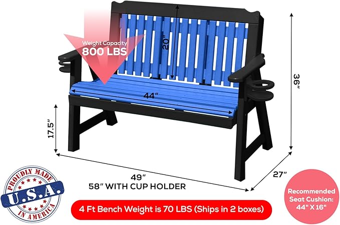 2-Person 4FT Plastic Poly Lumber Wood Cup Holders Bench Amish Craftsmanship Made in USA HDPE with No wood fibers Memorial Patio Outdoor Garden Porch Church Logan Series Signature design 800 lbs Limit