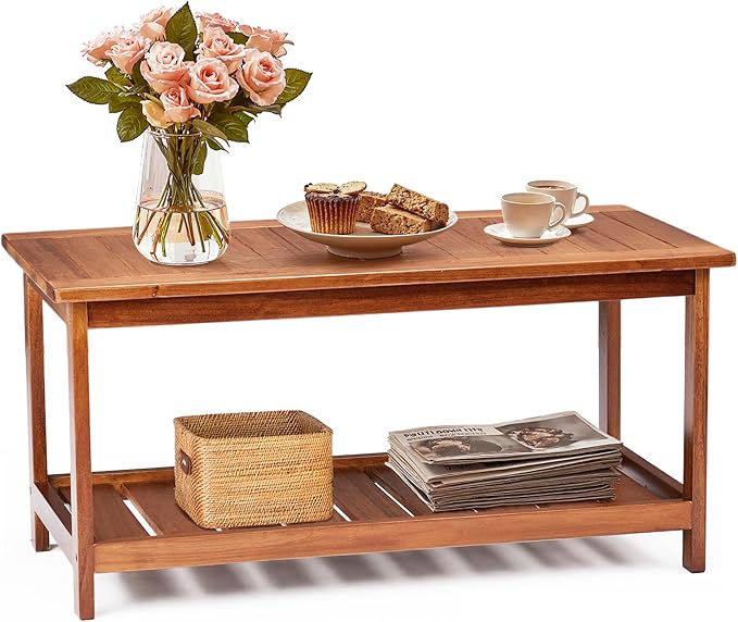 VINGLI Outdoor Wooden Coffee Table, 2-Tier Storage Rectangle Patio Coffee Table for Outside, Solid Wood Low Outdoor Table for Balcony Porch and Deck