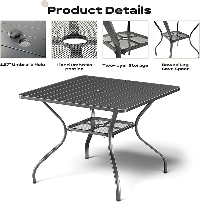 Rilyson Patio Tables Outdoor Dining Table - Metal Coffee Tables with 2-Tier Storage Shelf 1.57" Umbrella Hole for Outside Proch Deck Balcony Garden Rectangle