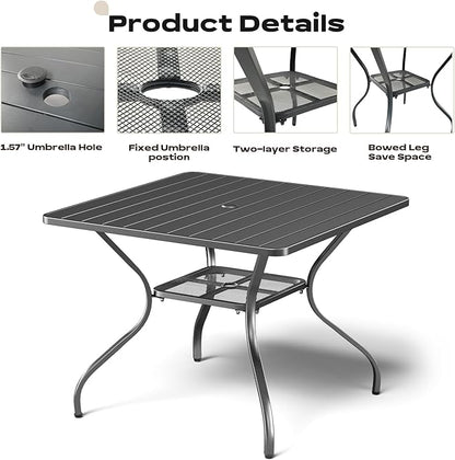 Rilyson Patio Tables Outdoor Dining Table - Metal Coffee Tables with 2-Tier Storage Shelf 1.57" Umbrella Hole for Outside Proch Deck Balcony Garden Rectangle