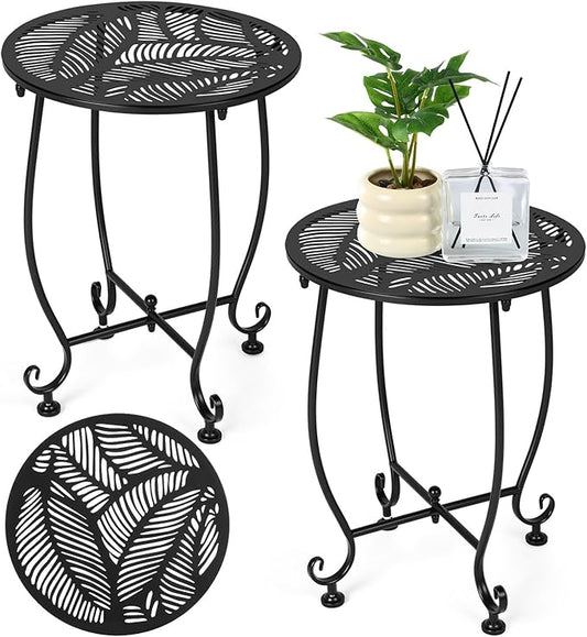 Thyle 2 Pcs Outdoor Side Table with Flower Cutout 13" Metal Small Round Weather Resistant Patio Side Tables for Outside, Balcony, Porch, Garden Bistro Indoor Outdoor Yard(Tropical Leaf)