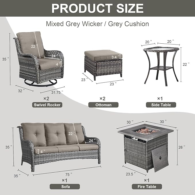 Belord Patio Furniture Set with Fire Pit Table, 7 Piece Wicker Outdoor Furniture Set - Photo 2