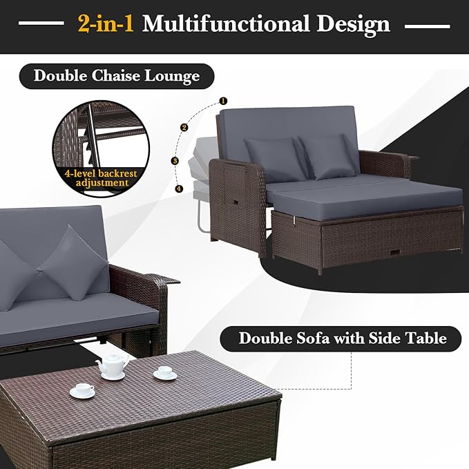 COSTWAY Patio Rattan Daybed with Cushions, Outdoor Wicker Loveseat Sofa with Storage Ottoman - Photo 5
