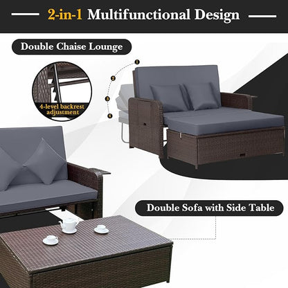 COSTWAY Patio Rattan Daybed with Cushions, Outdoor Wicker Loveseat Sofa with Storage Ottoman, 4-Level Adjustable Backrest, Bed Lounger for Yard, Balcony, Porch, Garden, Pool (Grey)