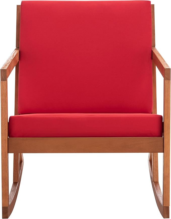 Safavieh Outdoor Collection Vernon Wood Cushion Rocking Chair PAT7013R, Natural/Red