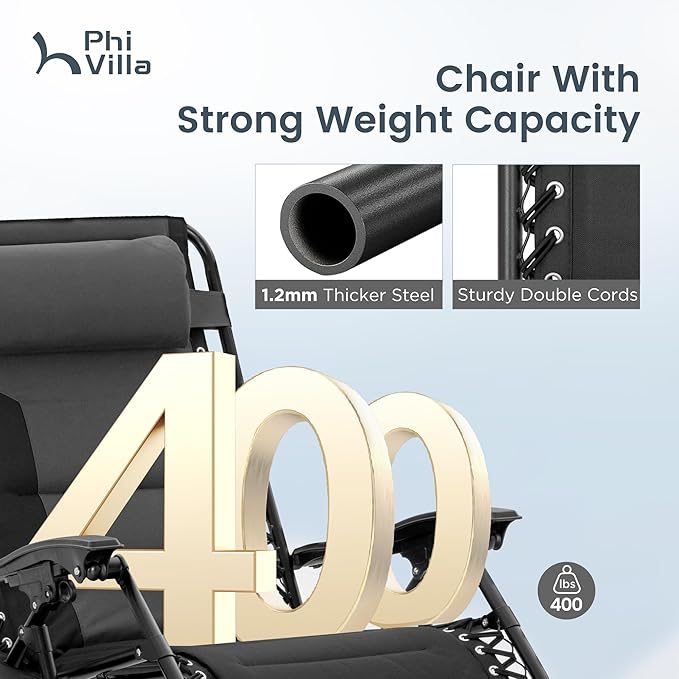 PHI VILLA Zero Gravity Chair Set of 2, Padded Anti Gravity Recliner, Oversized 28" Wide Seat, Foldable Patio Lounger with Armrest & Cup Holder, Supports 400 LBS (Grey)