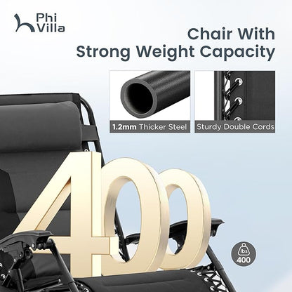 PHI VILLA Zero Gravity Chair Set of 2, Padded Anti Gravity Recliner, Oversized 28" Wide Seat, Foldable Patio Lounger with Armrest & Cup Holder, Supports 400 LBS (Grey)