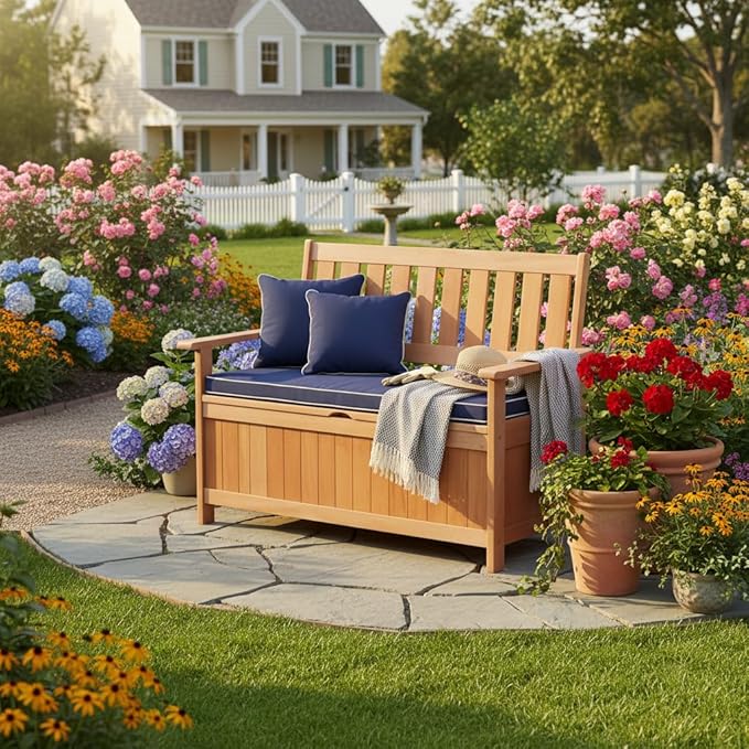 Tangkula 48 Inch Outdoor Wood Storage Bench Deck Box, Wooden Storage Loveseat with 34.2 Gal Inner Space - Photo 5