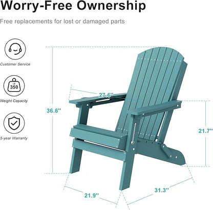 HDPE Foldable Adirondack Outdoor Chair Set of 4 with Cup Holder, Weather Resistant Heavy-Duty Patio Chair for Patio, Backyard, Deck, Fire Pit, Lawn and Porch, Lake Blue