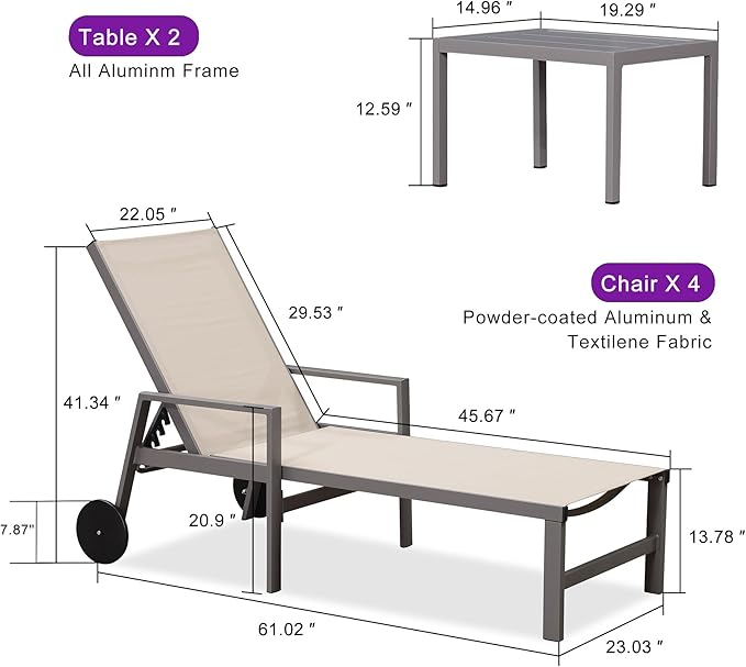 PURPLE LEAF Patio Chaise Lounge Set for 4 Outdoor Pool Lounge Chairs with Armrest and Adjustable Backrest Aluminum Reclining Sunbathing Tanning Chair for Outside Poolside Yard Balcony, Khaki